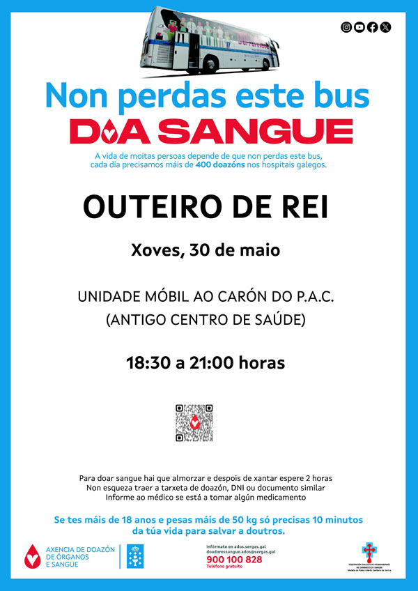 Este xoves de 18:30 h a 21:00 h pódese doar sangue na unidade móbil instalada ao carón do PAC